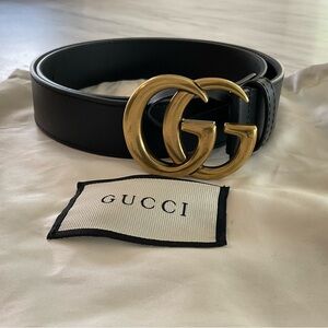Gucci Black Leather Belt with Gold GG Emblem 1.2” width